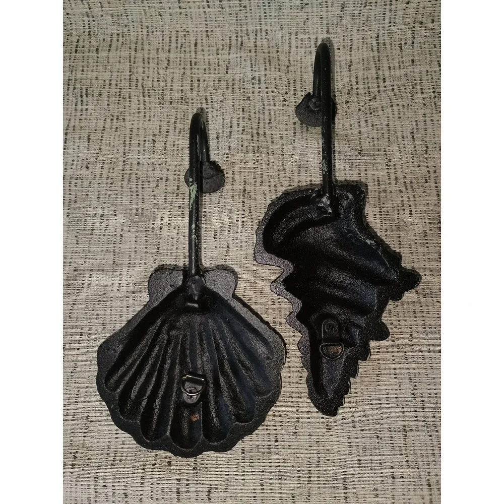 Vintage Style Cast Iron Seashell Wall Hooks Set of 2 Verdigris Coastal Decor